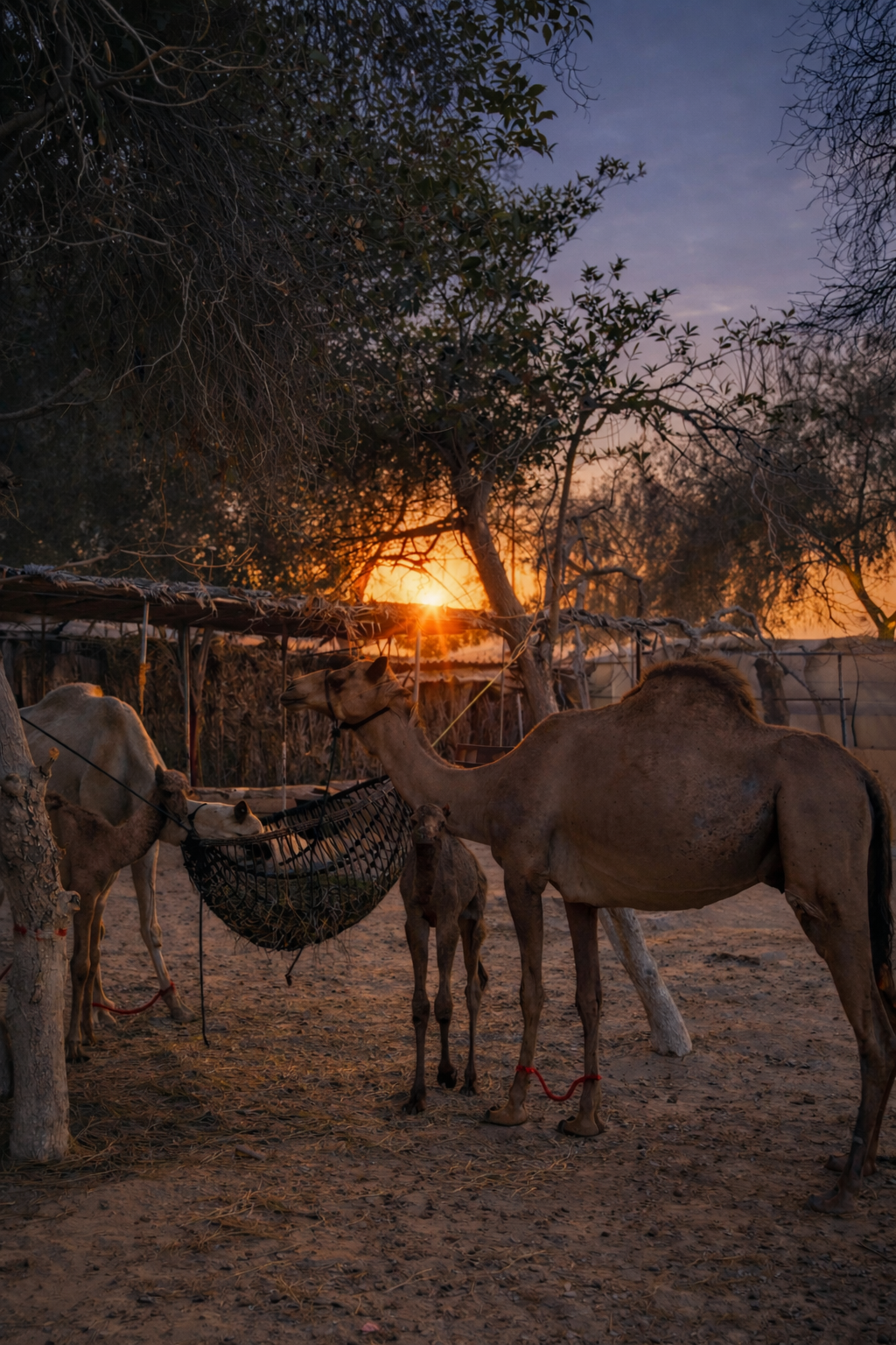 Camels resting near the farm shelter at sunset