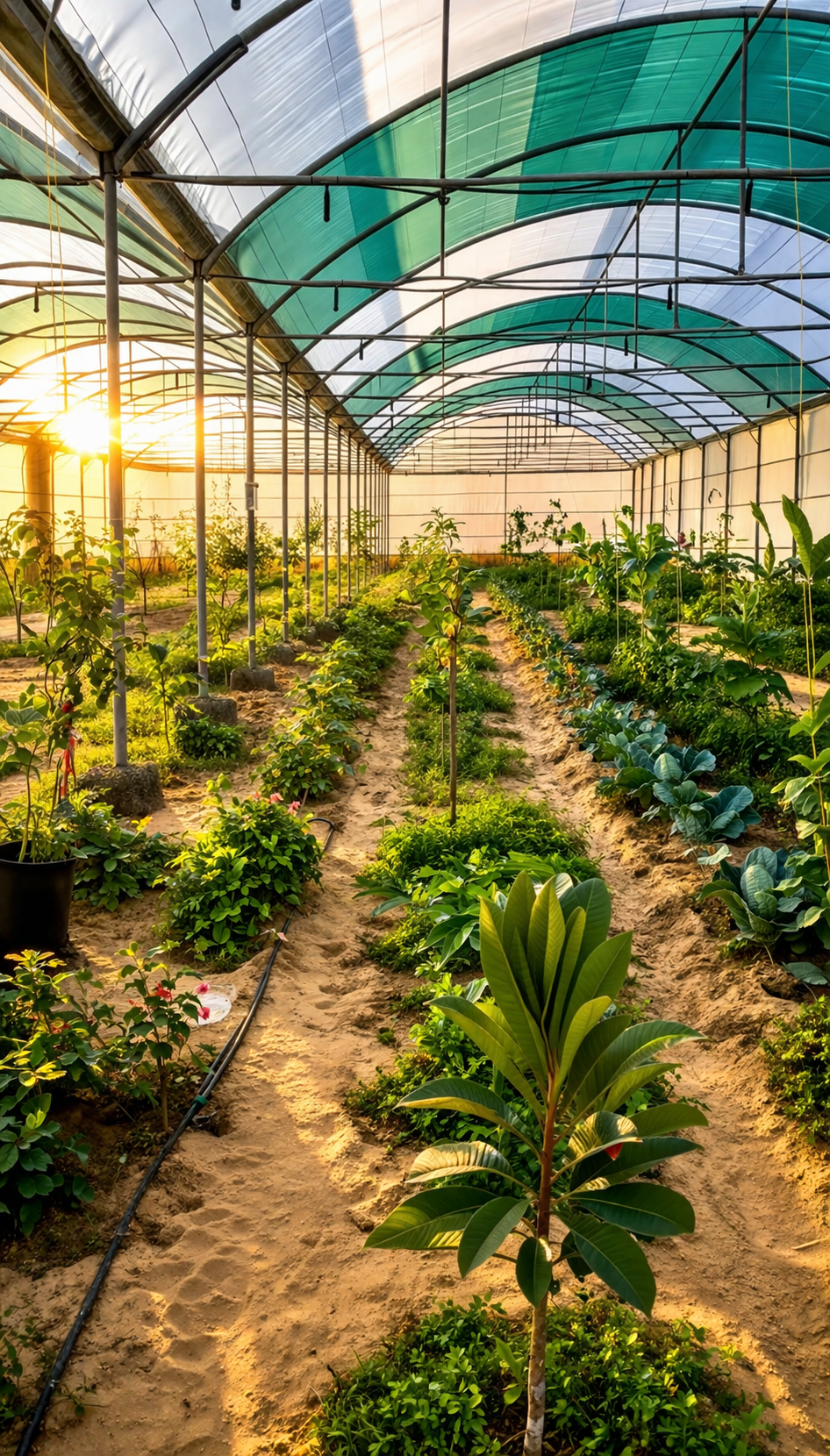 Sunlit greenhouse rows with mixed crops growing inside the tunnel structure