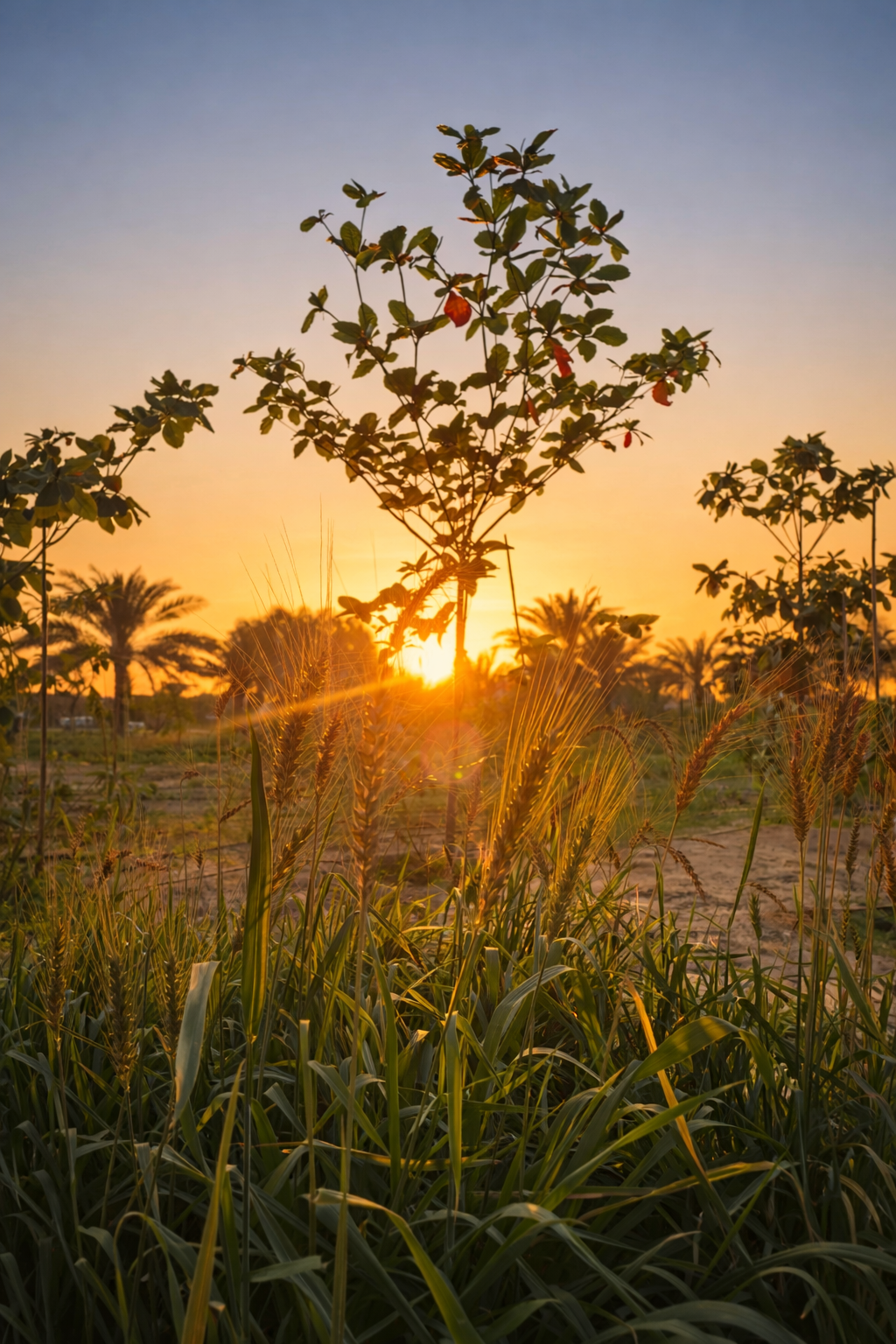 Orchard planting framed by warm sunset light across the farm