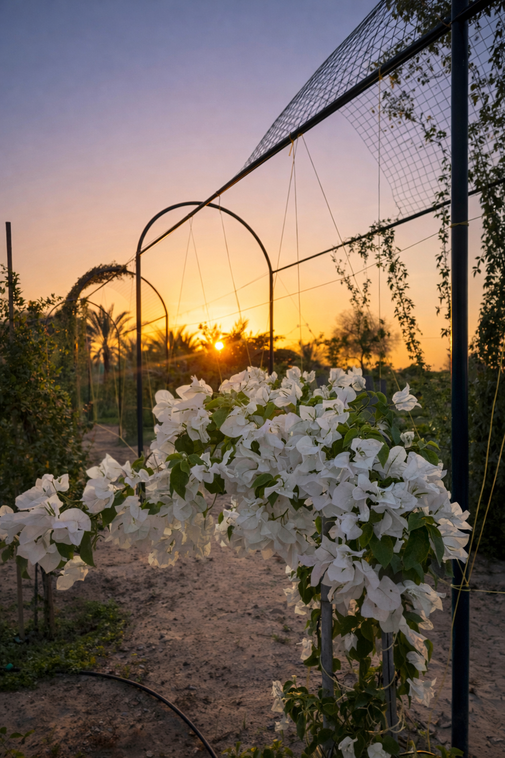 White flowering vine at the farm entrance during sunset